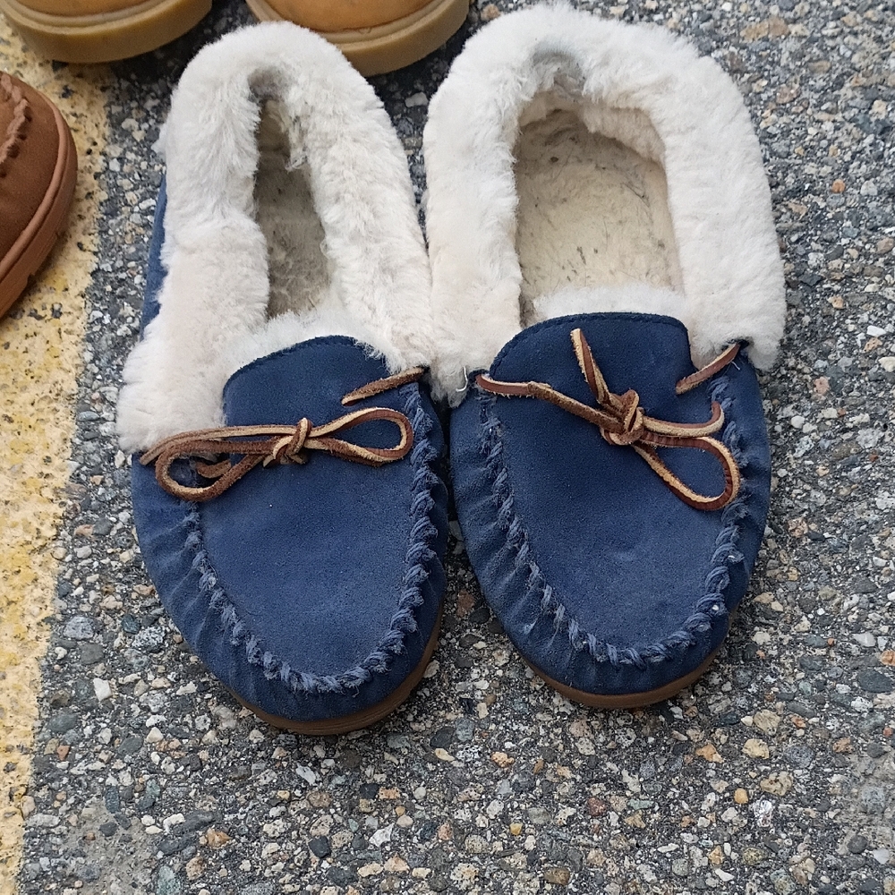 L.L. Bean Blue Moccasin Slippers with Cream Lining